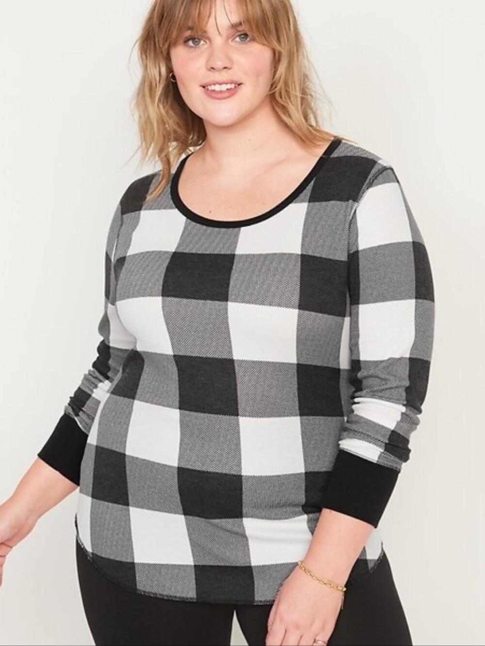Old Navy Women's Thermal Knit Waffle Knit Black White Plaid Long Sleeve Top XL